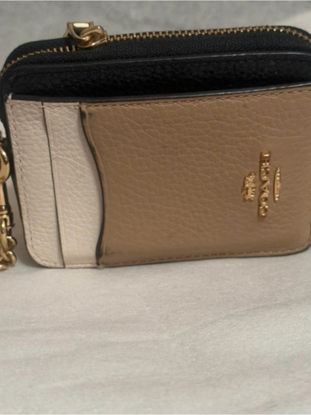 Coach Two-Tone Leather Card Case Key Holder - Beige, White & Black